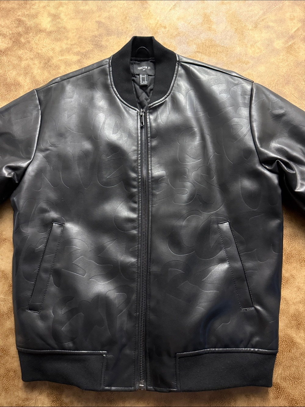Forever 21 Men Black Faux Leather Tonal Graphic Bomber Jacket S